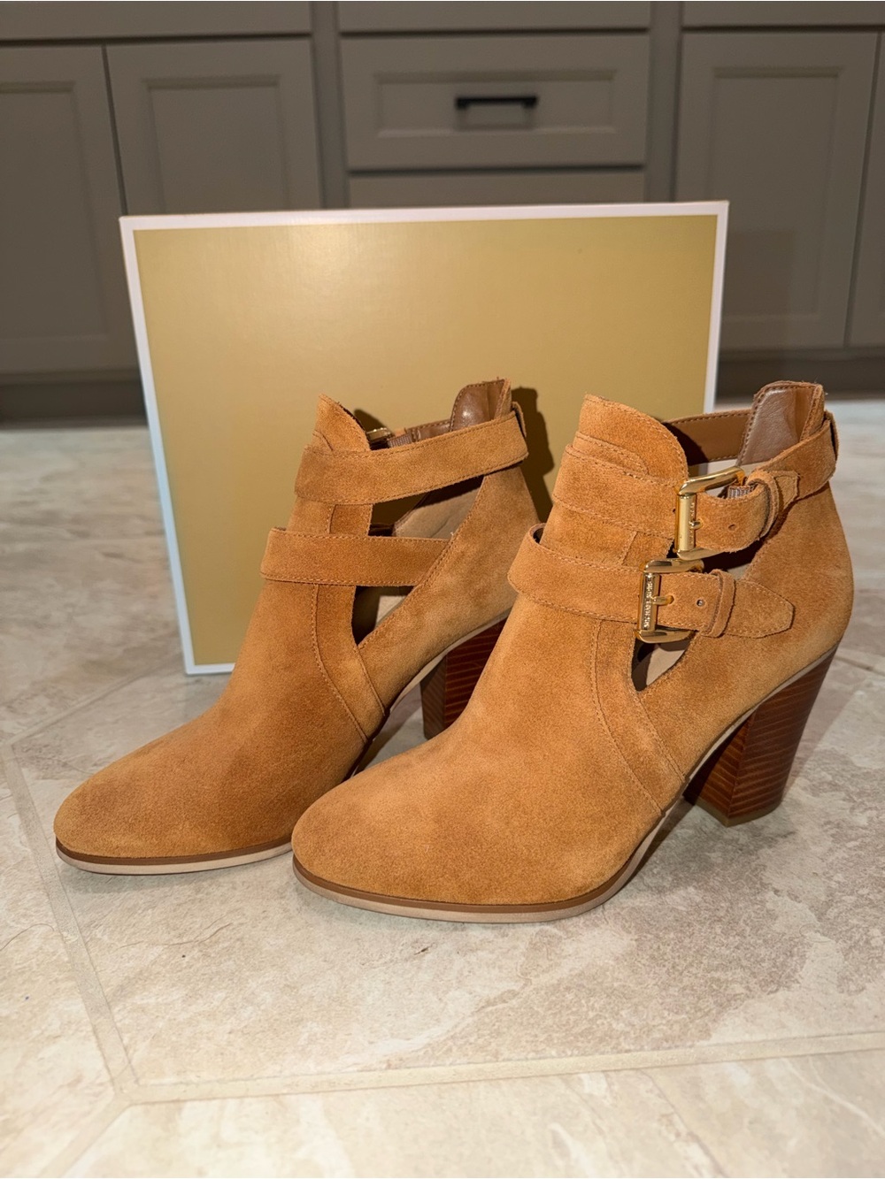 Michael Kors Suede Ankle Booties in Acorn Brown with Gold Buckles - Picture 4 of 7